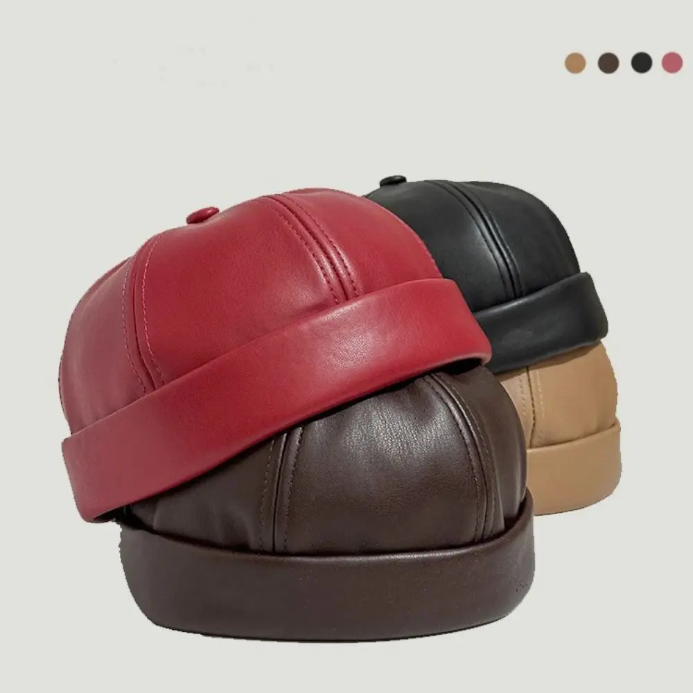 High Quality Retro Brimless Hat PU Leather Adjustable Landlord Hat Solid Color Melon Skin Caps Unisex
