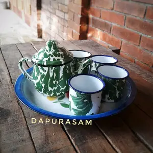 Set Nampan Enamel 30cm + Teko cebol + 4 Gelas Enamel 7cm Lurik Kembang Polos Hijau Putih Set Minum teh tea  set