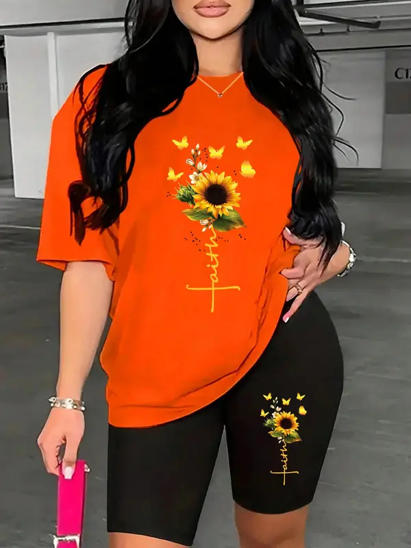 Women's Sunflower & Butterfly Print Tee & Skinny Shorts Two-piece Set, Casual Fashion Cozy Round Neck Short Sleeve T-shirt & Shorts for Daily Outdoor Wear, Ladies Summer Clothes, Suits 0