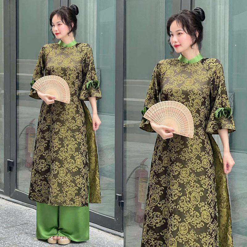 Áo Dài Nữ Thiết Kế EMME V1997 Form Suông Cổ Đứng Tay Loe Đính Nơ Nhung Cách Điệu [ Kèm Quần Lụa ] 1