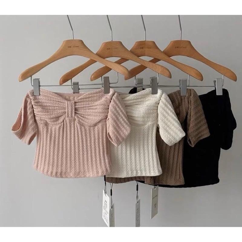 Áo trễ vai croptop chất len xốp phối nơ Lina Closet