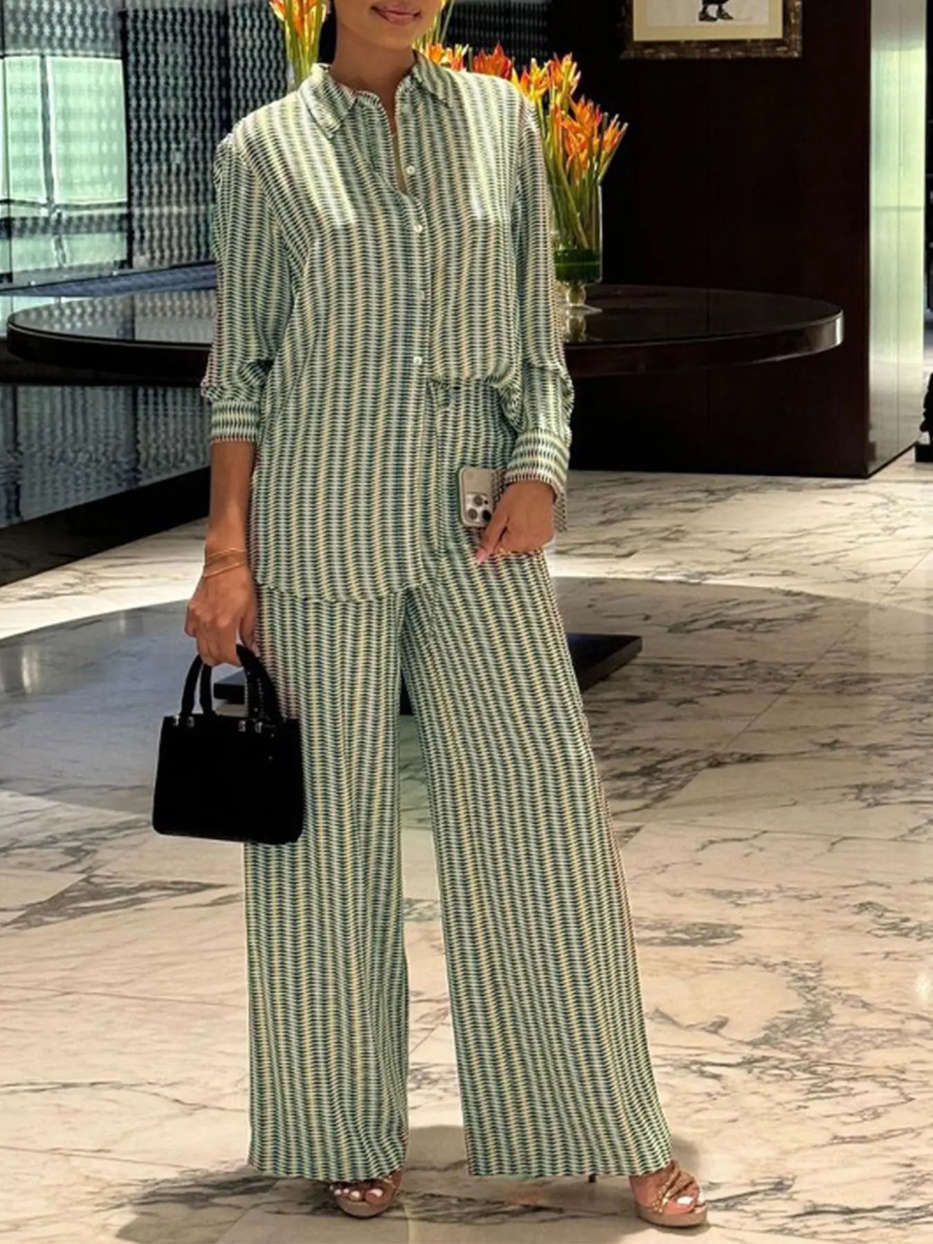 Women's All Over Print Button Front Shirt & Wide Leg Pants Two-piece Set, Casual Long Sleeve Collared Top & Trousers for Spring & Fall, Women's Clothes for Daily Wear