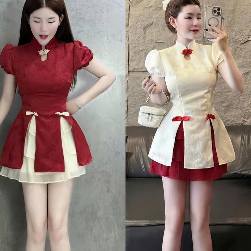 Set váy nữ gấm thiết kế áo tay ngắn cổ tàu xẽ tà dính nơ mix chân váy voan t[có lót] dáng xòe sang chảnh dành cho các nàng diện di chơi,di tiệc.