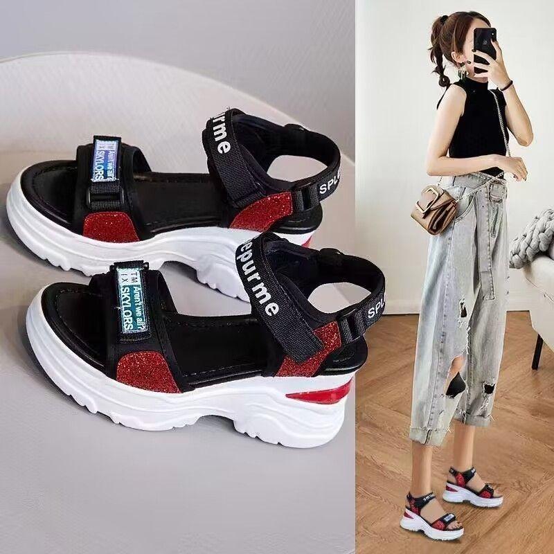 Dép Thể Thao, Da Mềm, Dành Cho Nữ, Kiểu Đế Xuồng Đế Khóa Dán, Tăng Chiều Cao, Thích Hợp Đi Biển, Mùa Hè 2024 1