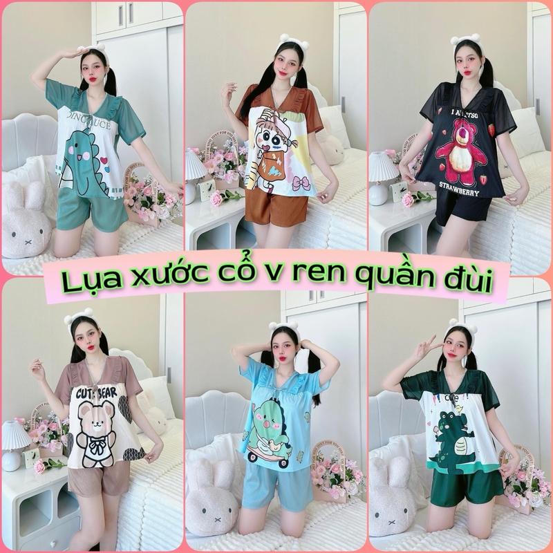 Bộ đồ pijama tay ngắn quần đùi cổ V cột dây dành cho nữ hoạt hình cute chất liệu lụa xước ánh kim mềm mượt freesize < 60kg - Women Quần Ngủ Áo Ngủ