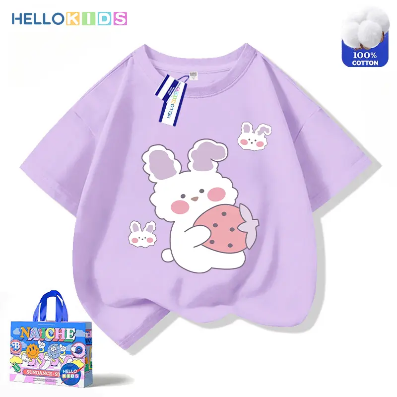 Áo Thun ngắn Tay 100% Cotton, In Hình Thỏ Ngọt Ngào Và Dễ Thương, Dành Cho Thời Trang Trẻ Em, Quần Áo Bé Gái, Áo Cổ Thuyền Dáng Rộng 4