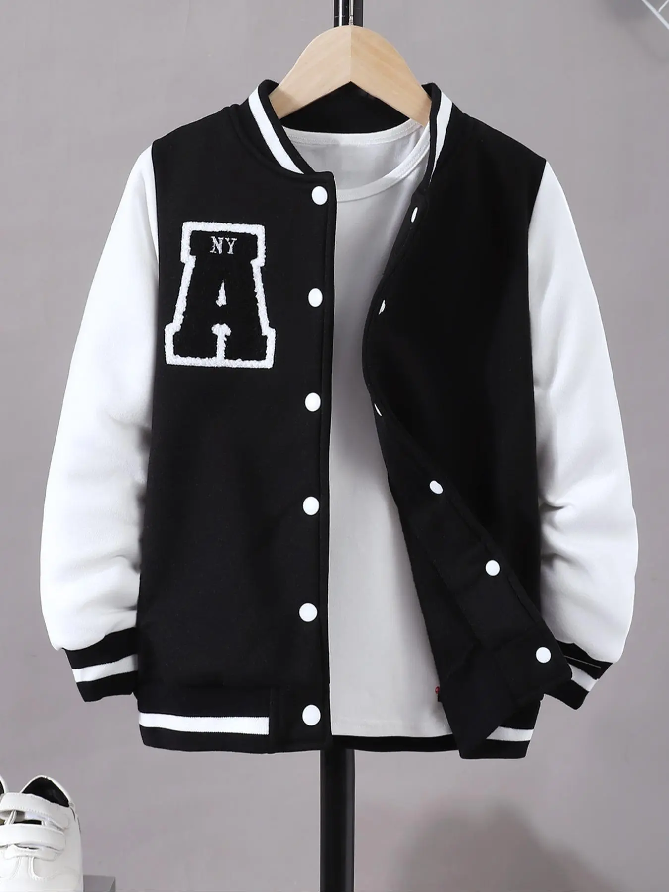 Girl's Letter Embroidery Colorblock Varsity Jacket, Casual Long Sleeve Button Front Outerwear for Fall & Winter, Kids Clothes for Daily Wear