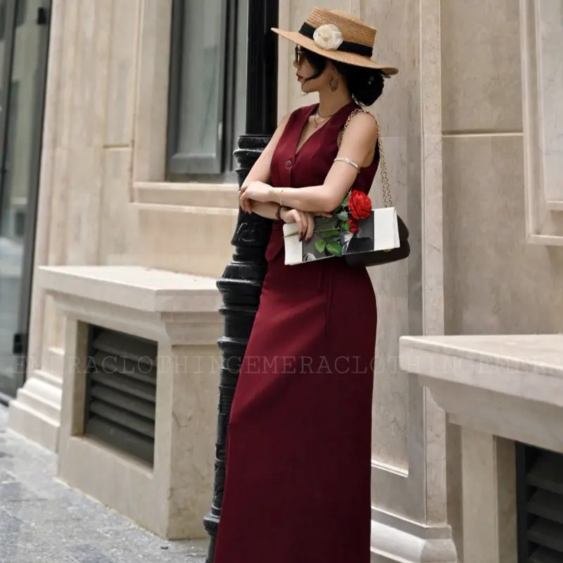 Set thiết kế váy áo Amelia Đỏ Đô- áo croptop gile và chân váy dáng dài sang chảnh, thời thượng Nữ Women Kem Kaki vay 2