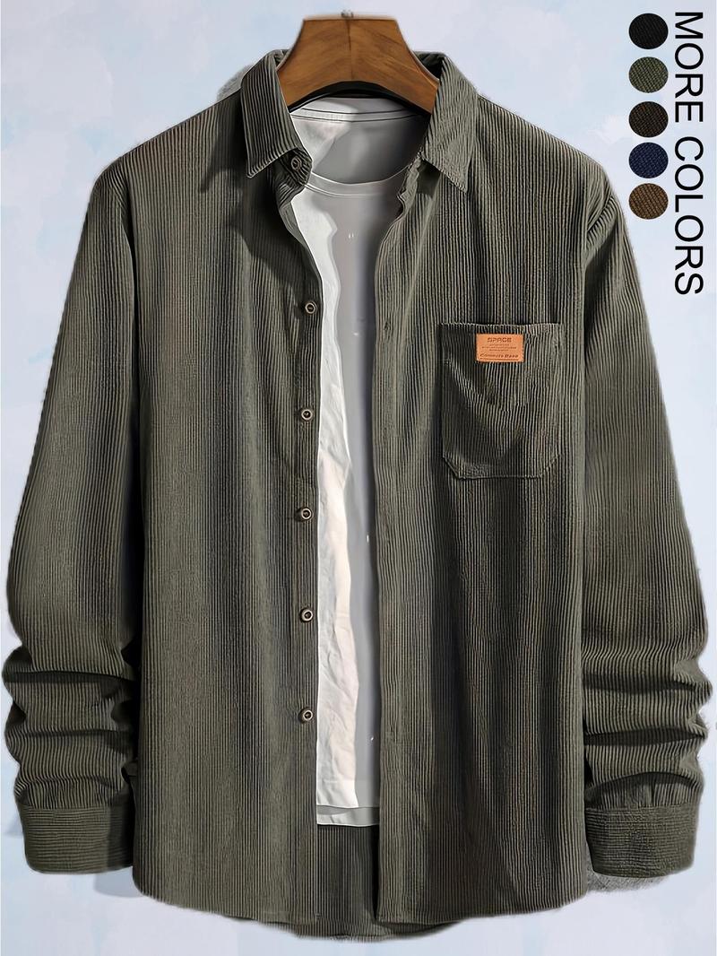 Product Introduction of Men's Plain Letter Patched Corduroy Jacket without Tee, Casual Button Front Pocket Jacket for Fall & Winter, Men's Outerwear for Daily Wear, Coat 4