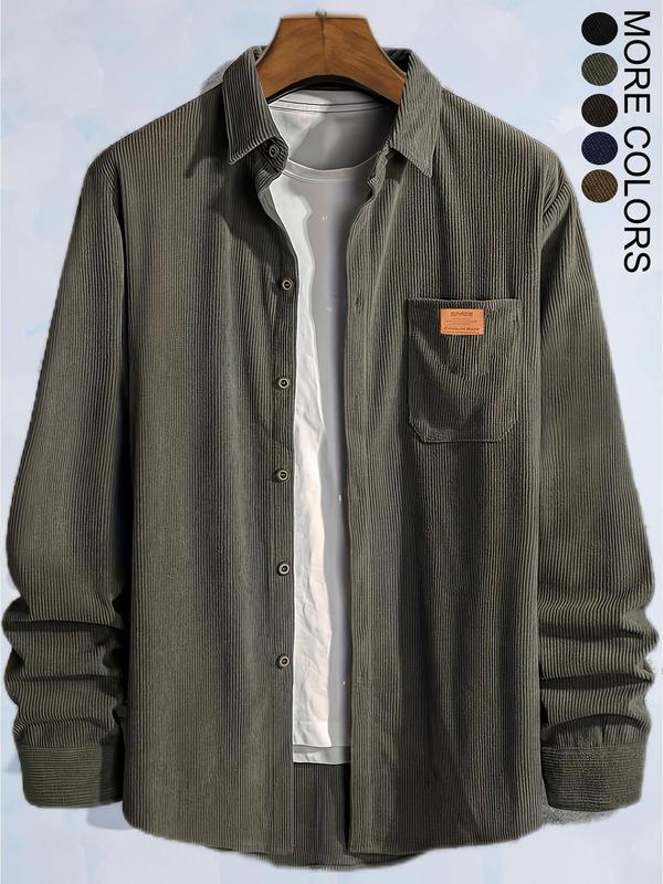 Men's Plain Letter Patched Corduroy Jacket without Tee, Casual Button Front Pocket Jacket for Fall & Winter, Men's Outerwear for Daily Wear, Coat 2