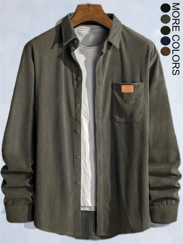 Men's Plain Letter Patched Corduroy Jacket without Tee, Casual Button Front Pocket Jacket for Fall & Winter, Men's Outerwear for Daily Wear, Coat 2