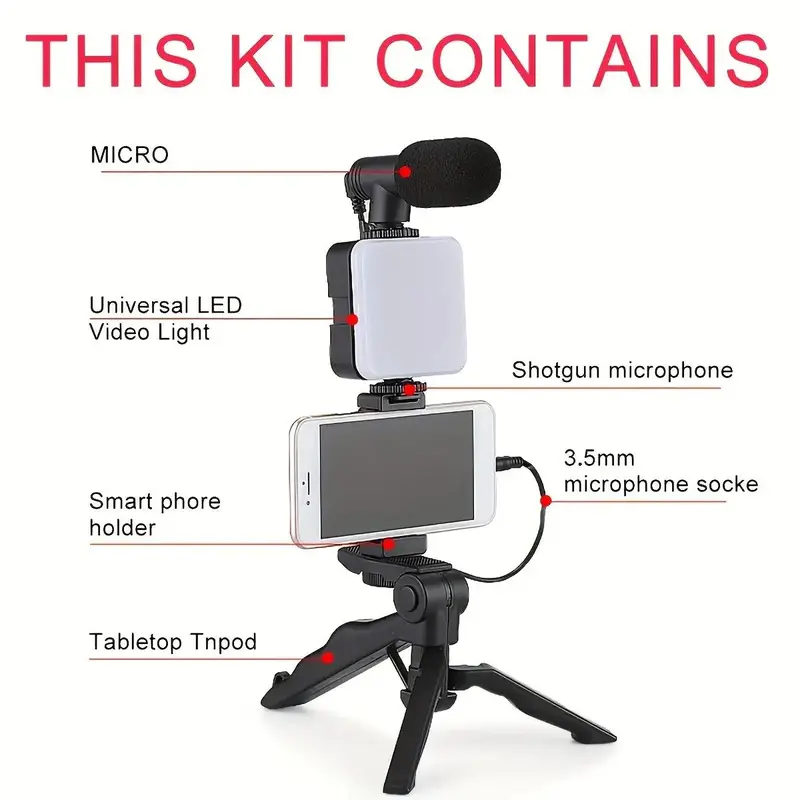Camera Video Recording Video Blog Kit, Video Blog Kit with Camera & Microphone & Mini Tripod & LED Light & Phone Holder Clip, Suitable for Video Blogging 2