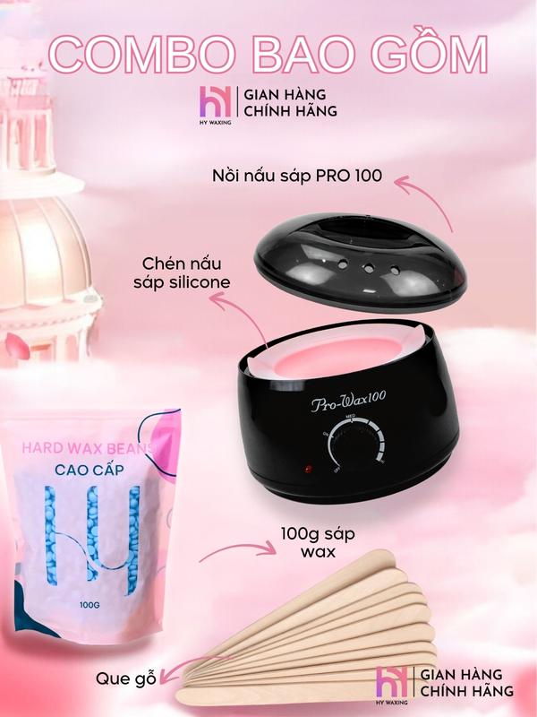 HY WAXING Combo Nồi Nấu Sáp Wax Lông Pro 100 Wax Nách Râu Tiết Kiệm Tặng Chén Silicon Sáp Wax Premium 100g
