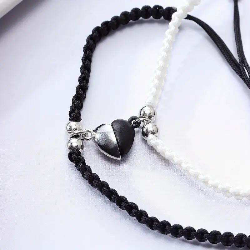 2pcs Heart-shaped Combination Couple'S Hand Woven Adjustable Bracelet Set, Valentine'S Day Gift, Friendship Bracelet, Casual Vacation Bracelet 5