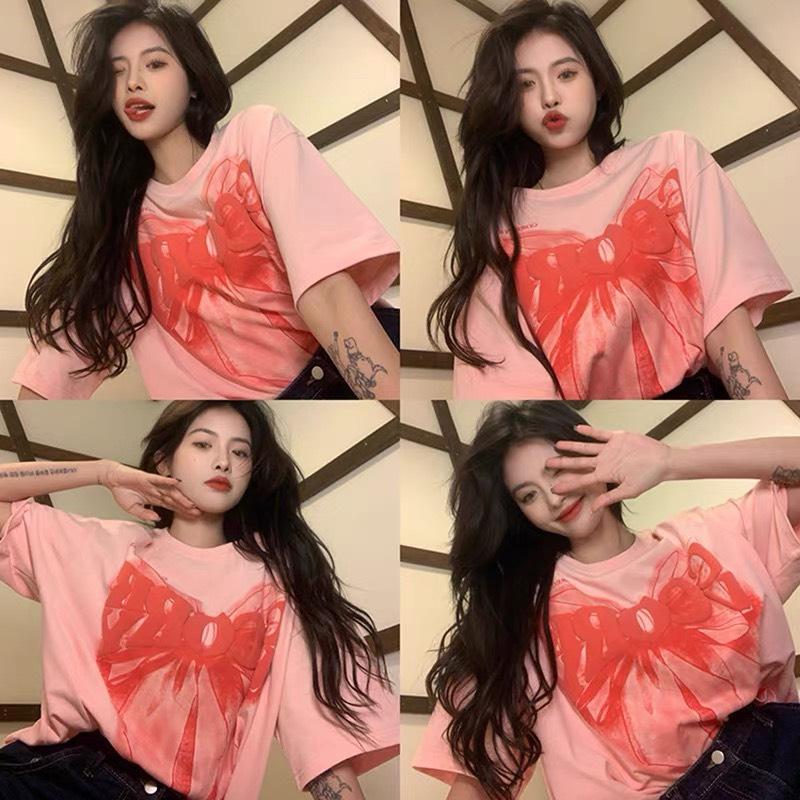    MƠI   Áo thun nữ HÌNH NƠ SIÊU XINH . Áo thun nam nữ tay ngắn cổ tròn Top Women Kem 