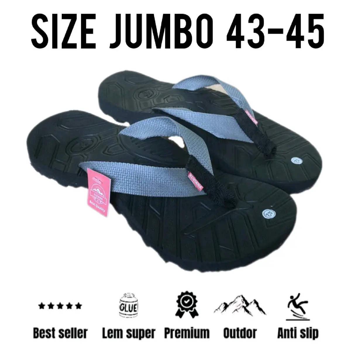 (SANDAL JEPIT JUMBO BIGSIZE 43-45 SILVER) lem kuat tahan air Karet Hitam Pria Pria
