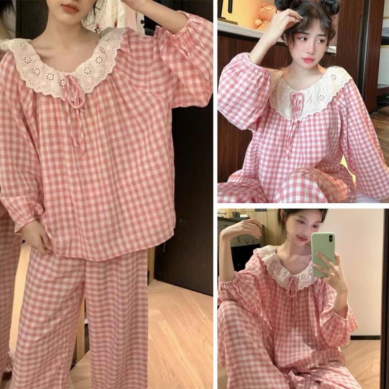 Set đồ ngủ nữ mặc nhà màu hồng kẻ caro ren bèo - Set đồ bộ nữ màu trơn pastel kẻ caro quần dài