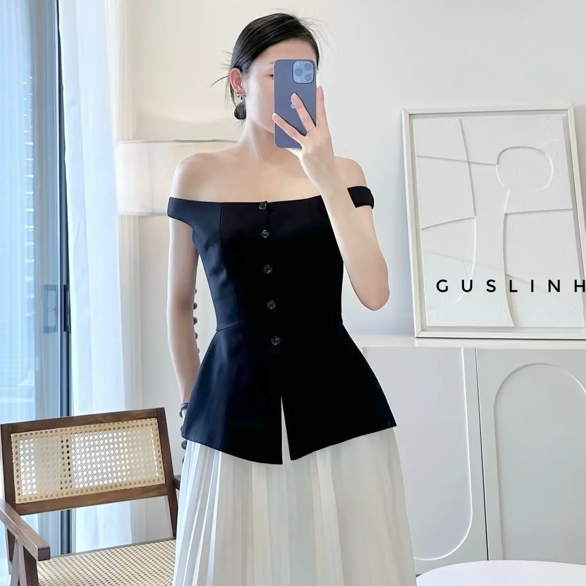 Áo peplum trễ vai đính nút thanh lịch cho nữ - Women