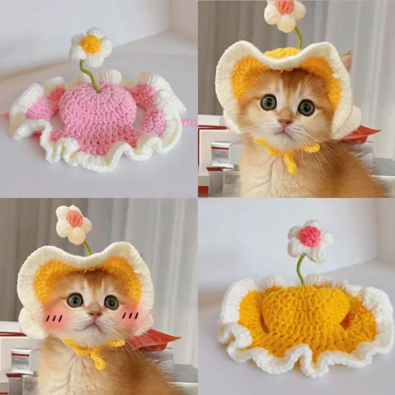 Pet Cat Spring Field Flower Hat Wool Dog Headdress Headset Decoration Hand-knit Cute Drag