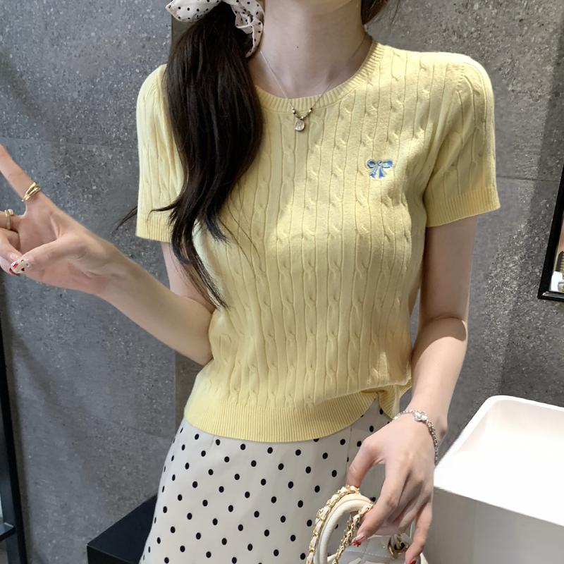 Product Introduction of New Style Braided Embroidered Short Sleeve Knitted Top for Women Korean Style Slimming Short Top 11