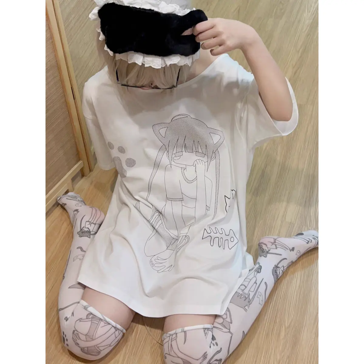 Summer Popular Y2g Outdoor Kitten Stay at Home T-shirt Cat Big Neckline Short Sleeve Homegirl Two-Dimensional Water Group Short Sleeve