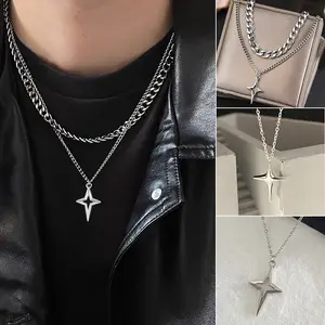 Kalung Salib Ganda & Bintang - Rantai Kuba Titanium Trendi Necklace