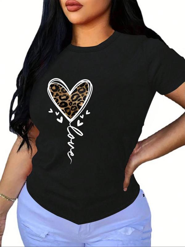 Women's Heart & Leopard Print Drop Shoulder Tee, Casual Half Sleeve Round Neck T-Shirt for Daily Wear, Ladies Clothes for All Seasons, Graphic Tees Women, Women's Clothing, Womenswear 2