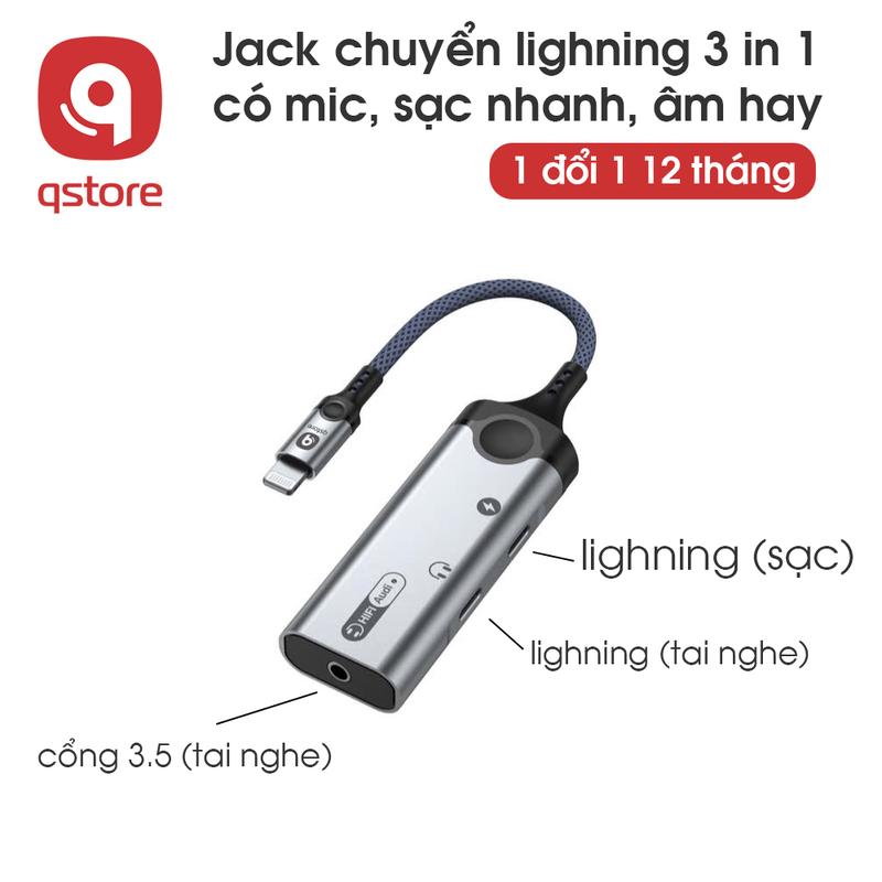 Jack chuyển đổi 3 in 1 lighning sang 2 lighning và 1 3.5 cho điện thoại iphon, sạc nhanh, có mic thoại, BH 12 tháng tại QSTORE Phụ Kiện Phone