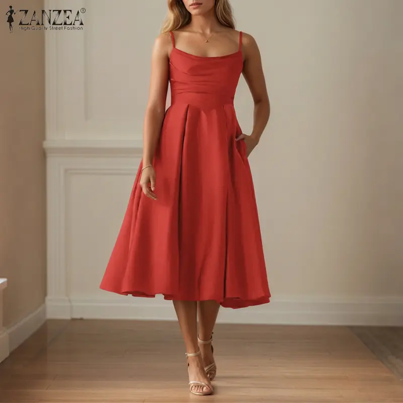ZANZEA Women Summer Sleeveless Slip Dresses Colw Neck A-Line Midi Solid  Color Dress - TikTok Shop Singapore