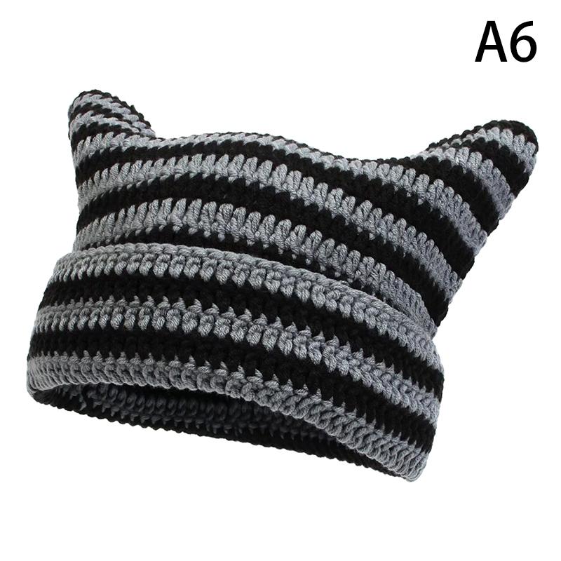 Product Introduction of New Japanese Streetwear Harajuku Beanie Little Devil Striped Knitted Hat Women Girls Autumn Winter Cute Cat Ears Cap 24