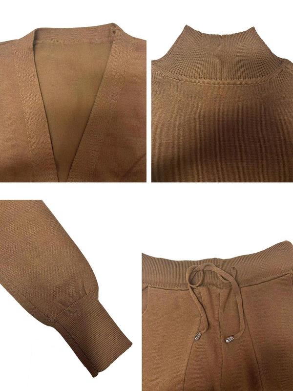 Women's Solid Color Open Front Cardigan & Drawstring Waist Pocket Pants & Mock Neck Tank Top Knit Set, Casual Fashion Cozy Three-piece Outfits for Daily Outdoor Wear, Women Clothes for Fall & Winter 5