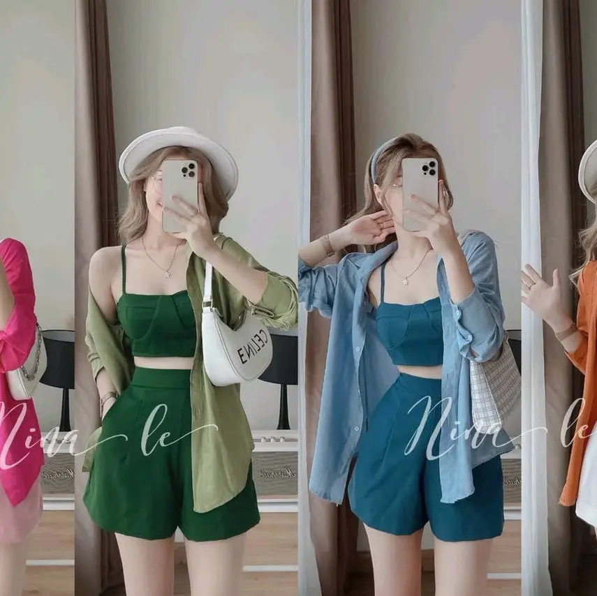 Sét bộ đùi 3 món thời trang nữ mặc đi chơi chất áo sơ mi xước tay dài, áo trong cotton có mút ngực quần short đùi qc