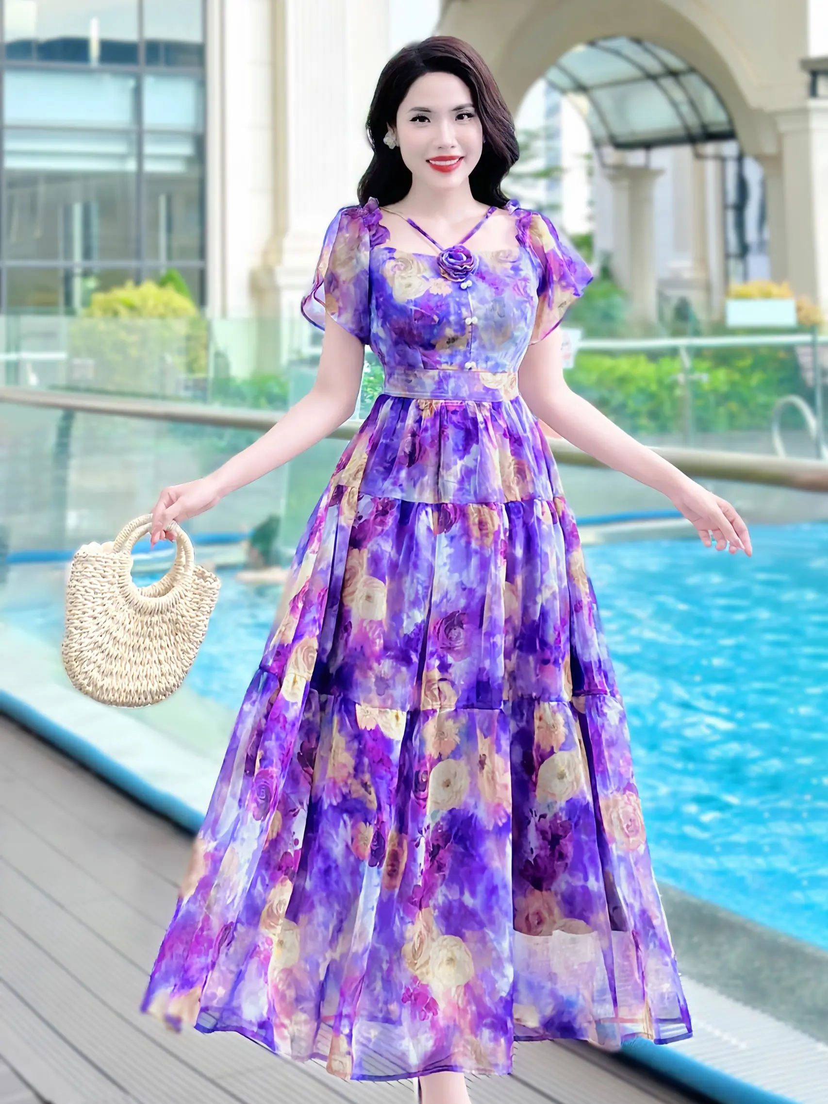 [MIỄN SHIP] MDU4177 Váy Tơ Hàn Cao Cấp - Thanh Lịch Sang Trọng Với Gam Tím Quyến Rũ Dành Cho Nữ Women Dress Voi Tim