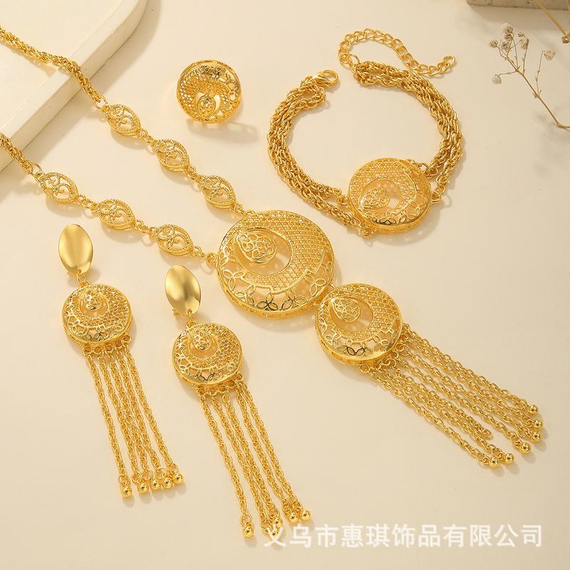 Product Introduction of 24k Gold Plated Necklace Bracelet Earrings Ring Jewelry Set for Bride Women's Accessories Four-piece Set 2