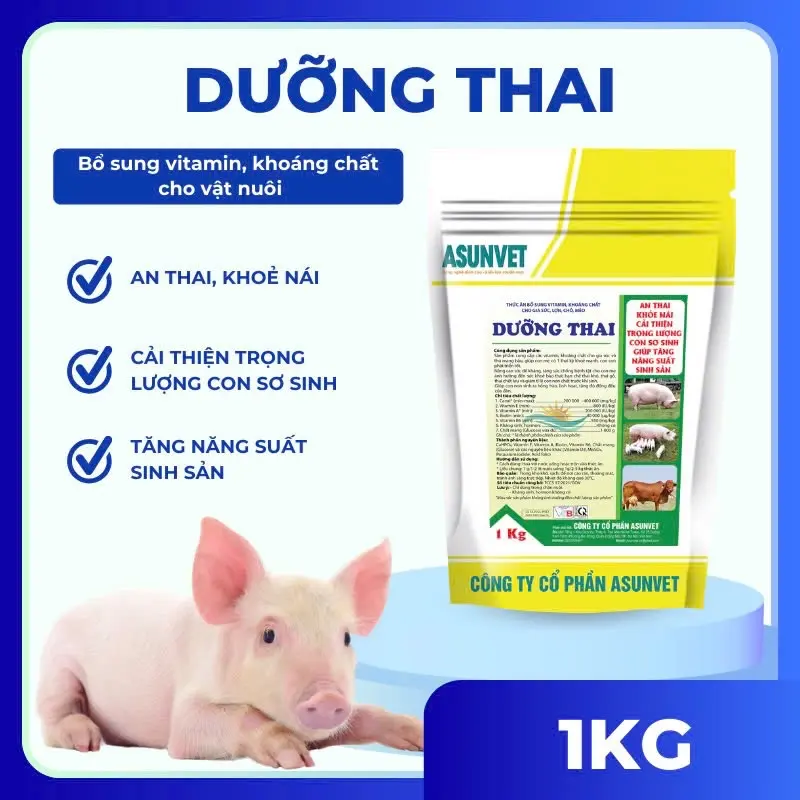 Dưỡng thai gói bột 1kg Asunvet an thai khoẻ nái, heo con hồng hào, tăng năng suất sinh sản