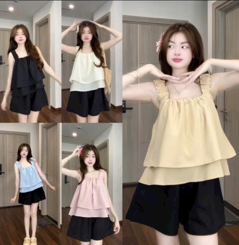  Set Đồ Nữ Mặc Nhà Áo Dây Bản 2 Tầng Quần Đùi Đen Freesize 40-55kg Voi Voan Women 