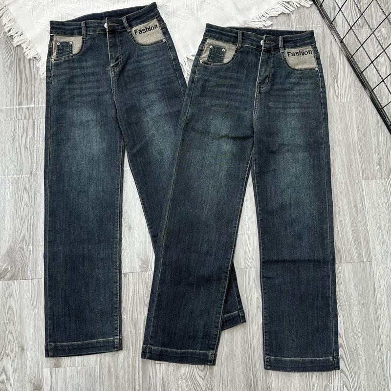 4200 BIGGSIZE Quần jean nữ ống đứng cạp cao, quần ống đứng thêu chữ nhỏ Women Pants Ong