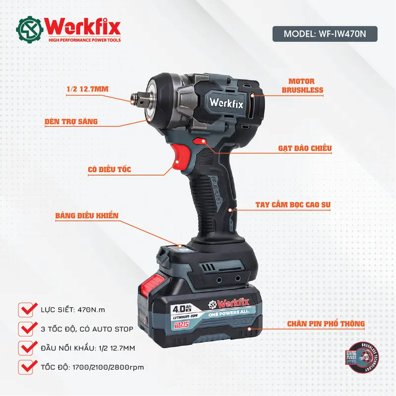 [ Tặng 25 phụ kiện] Máy Siết Bulong Workfix 470N.m - Đa Năng 2 In 1 - IW470NBL - Motor Brushless - Chân Pin Phổ Thông 2 Pin 21V/4Ah - Bảo Hành Chính Hãng 5