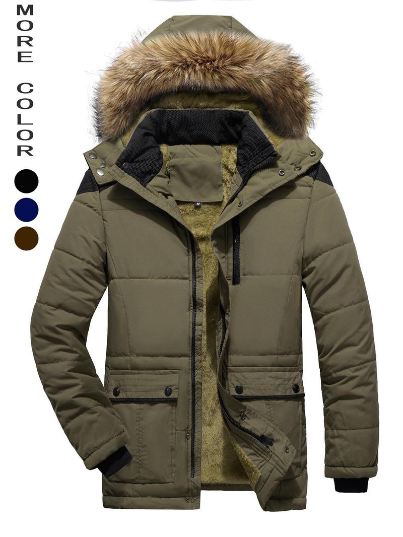 Product Introduction of Men's Contrast Faux Fur Trim Pocket Hooded Thermal Jacket, Regular Fit Casual Long Sleeve Button Front Warm Outerwear for Winter, Men's Clothes for Daily Wear 12