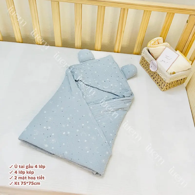 iuem Ủ choàng tai gấu kích thước 75*75cm, 4 lớp kép,  quấn ủ bảo vệ cho bé sơ sinh, ủ mềm mát, nhẹ thoáng, kết hợp làm khăn tắm cho bé 7