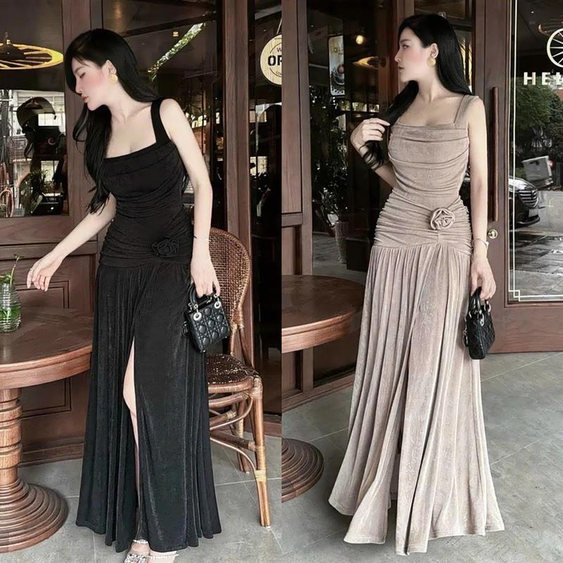  Đầm Body Dáng Dài Maxi Hai Dây Bảng To Nhún Thân Đính Hoa Hông Xẻ Tà Sang Chảnh Đầm Đi Tiệc Chất Thun Gân Lạnh HK Nữ Women Dress Đen Không Nhung 
