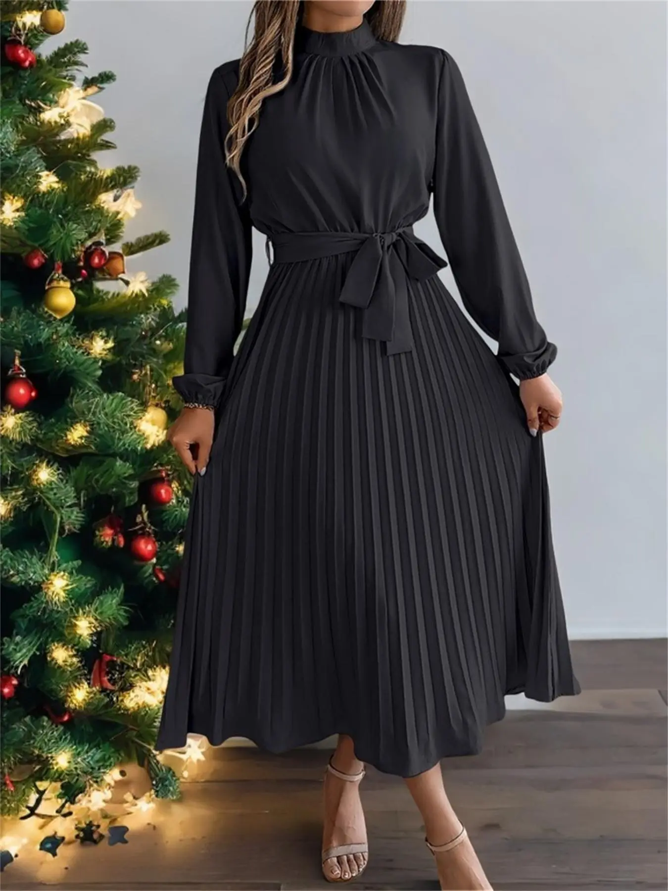 Women's Solid Belted Pleated A Line Dress, Elegant Bishop Sleeve Stand Collar Long Dress for Party Holiday Wedding Guest, Ladies Fall & Winter Clothes