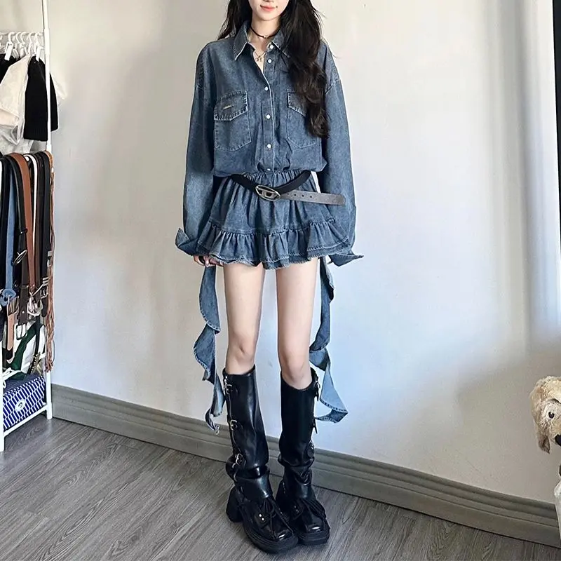Váy Denim, Trang Phục Thanh Lịch, Cao Cấp ABG, Phong Cách Cô Gái Nóng Bỏng, Cổ Điển, Siêu Hình, Váy Chữ A, Với Thiết Kế Ruy Băng, Thích Hợp Cho Bánh Ngọt