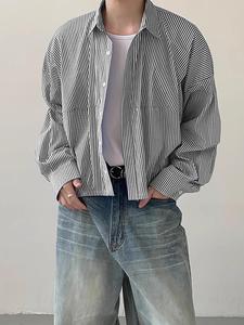 Men's Striped Print Button Front Shirt, Loose Classic Casual Drop Shoulder Long Sleeve Collared Top for Daily Wear, Men's Clothes for All Seasons, Menswear, Aesthetic Long Sleeve Shirts