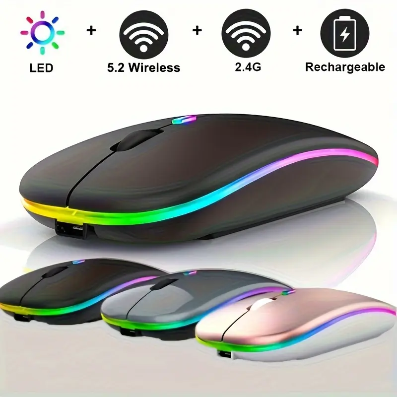 Rechargeable LED wireless mouse, ultra-thin 2.4g/5.2 dual-mode, silent portable USB optical mouse with 1200/1600/3200 DPI, built-in 300mAh battery,universal compatibility for laptops/desktops/tablets