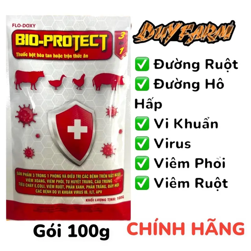 BIO-PROTECT THUỐC PHÒNG VÀ ĐIỀU TRỊ BỆNH CHO VẬT NUÔI gói (100g) viêm phổi và thương hàn, tụ huyết trùng, crd, tiêu chảy, viểm ruột, e coli, sỗ mũi nhiễm trùng, phân xanh trắng, chướng bụng, đầy hơi 1