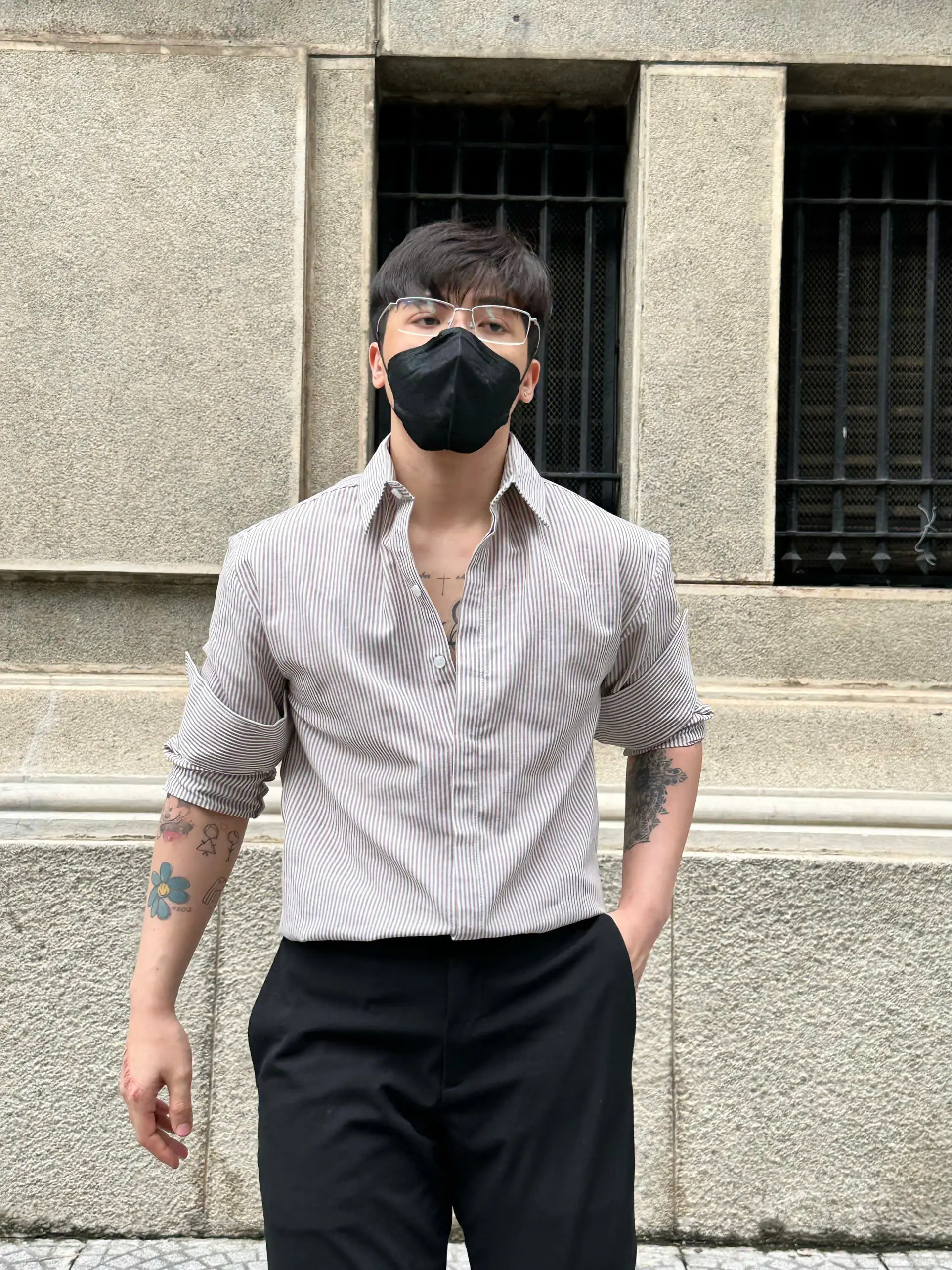 Sơmi che nút sọc xám/ nâu dáng rộng phong cách hàn quốc