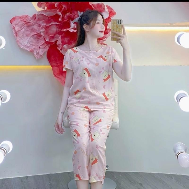 KA77 - Size 3XL (75-80kg) Đồ Bộ Tole Lanh Nữ Áo Tay Ngắn Cổ Tròn 2 Nút Quần 9 Tấc Top 1