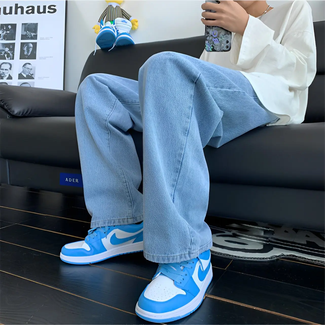 Celana Jeans Pria Oversize Celana Panjang Pria Kulot Casual Biru Basic Straight Jumbo Jeans Celana Jeans Putih Wide Leg Pants Baggy Boyfriend Pants Korean Style Denim Warna Blue hitam loose