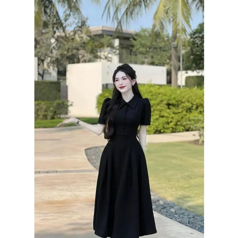 Đầm váy nữ cổ sơ mi tay ngắn đính nút thật dáng dài xᶖnh xắn phù hợp cho các nàng đi chơi, đi tiệc đá xám 7